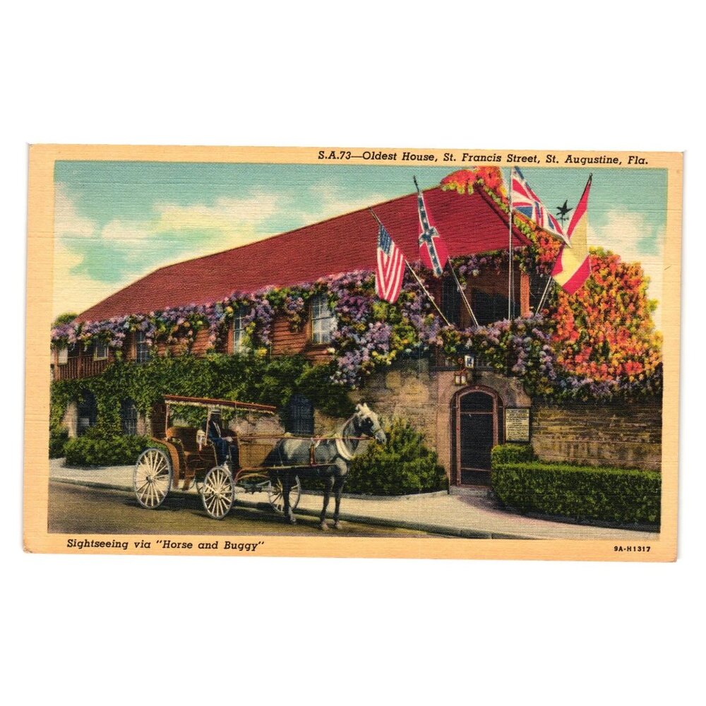 Vintage Postcard Of Oldest House St Francis St Augustine Florida 73 Horse Buggy
